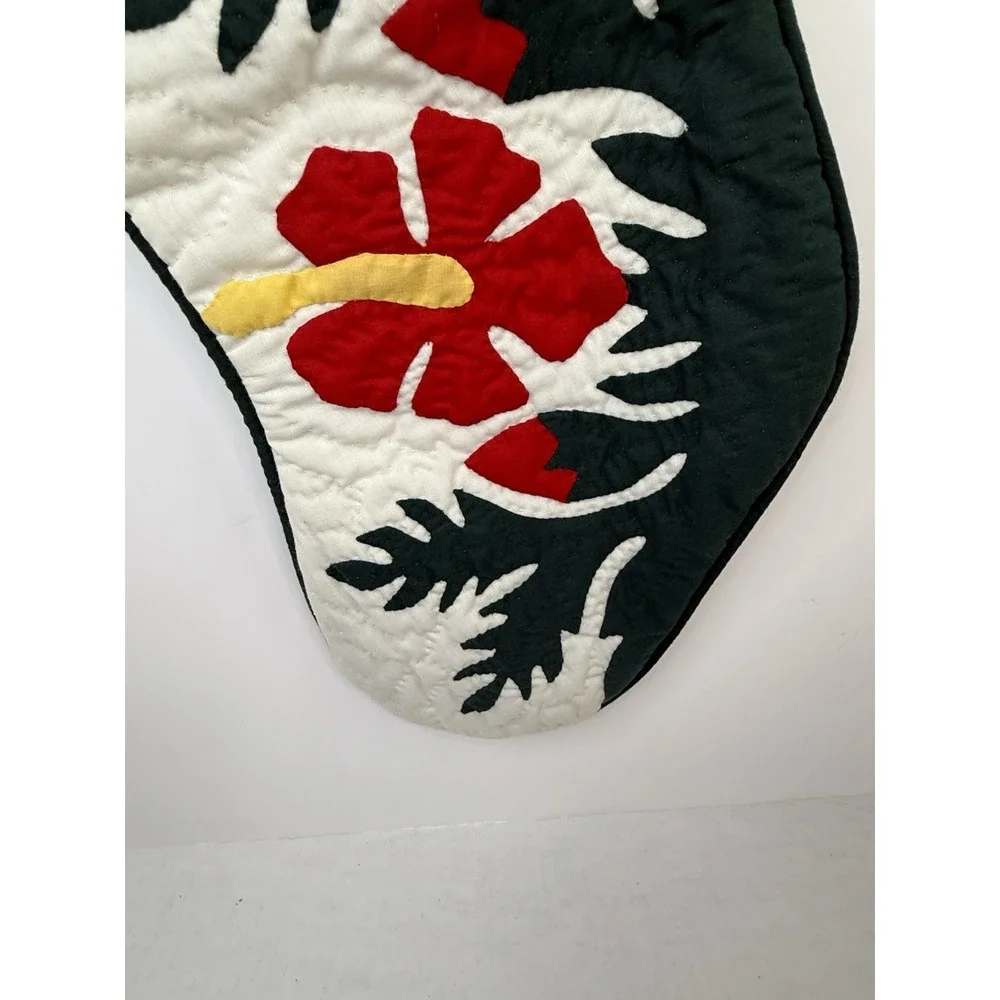 Hawaiian CHRISTMAS STOCKING‎ 100% hand quilted/appliquéd Red Hibiscus Green 20